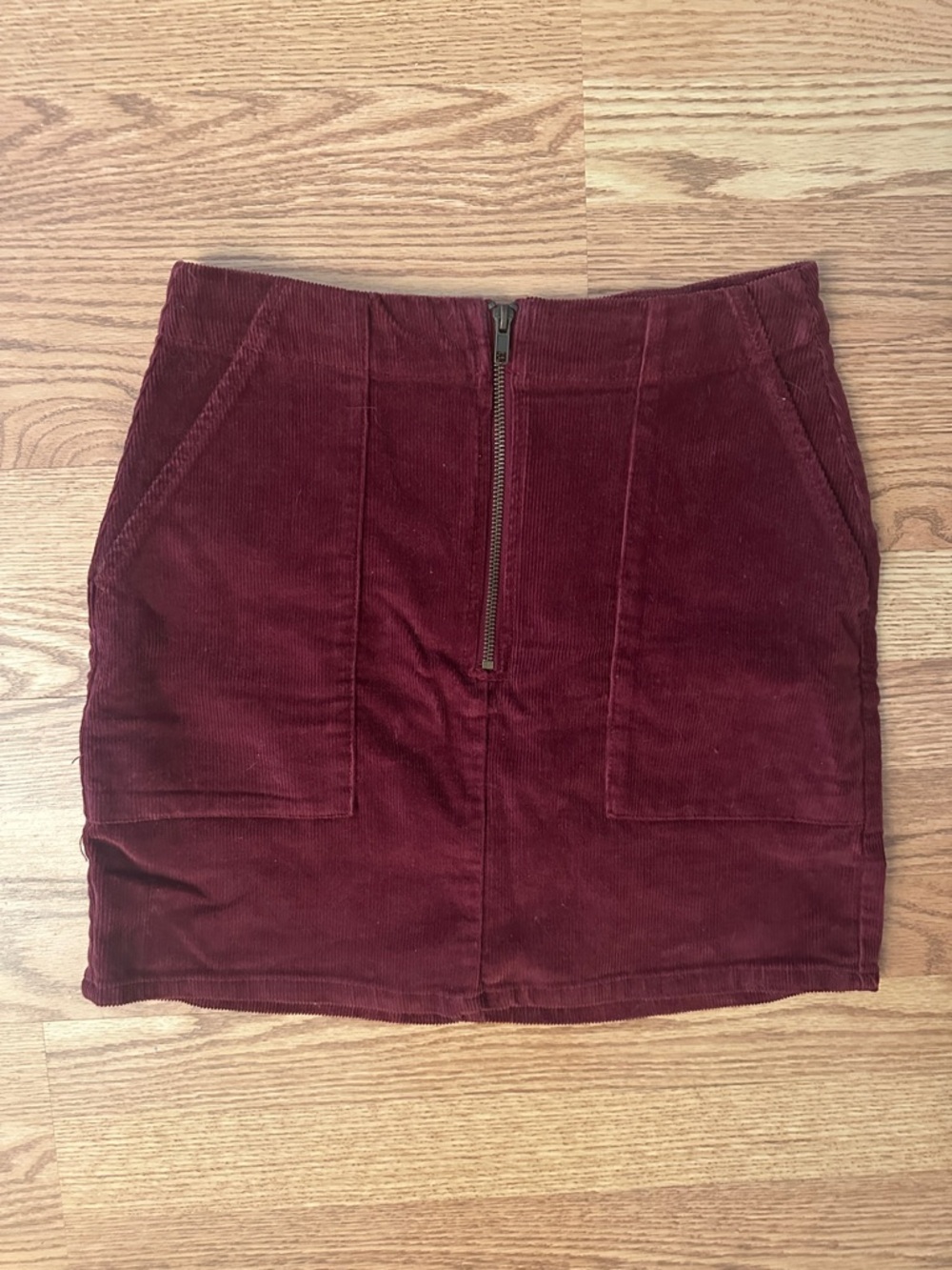 Corduroy Zip-Front Mini Skirt in Burgundy